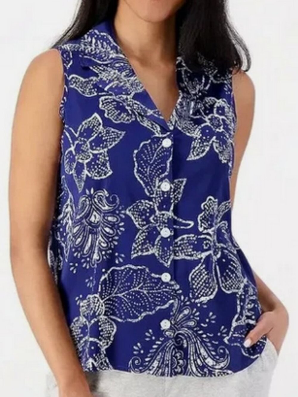 Breezies Lounge Satin Breeze Sleep Tank Day Navy & White Botanical Size M NIB